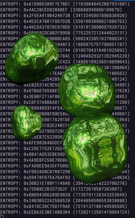 Deskblob entropy stream — hex values streaming alongside 3D green blob renders
