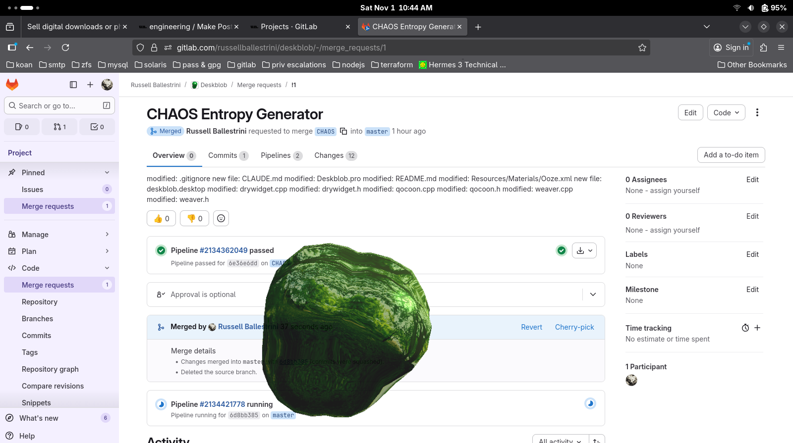 GitLab merge request for CHAOS Entropy Generator — merged into master with passing pipeline